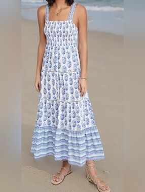 Playa Lucia Smocked Maxi Dress Blue White Tile Print Tiered Summer Dress Size M